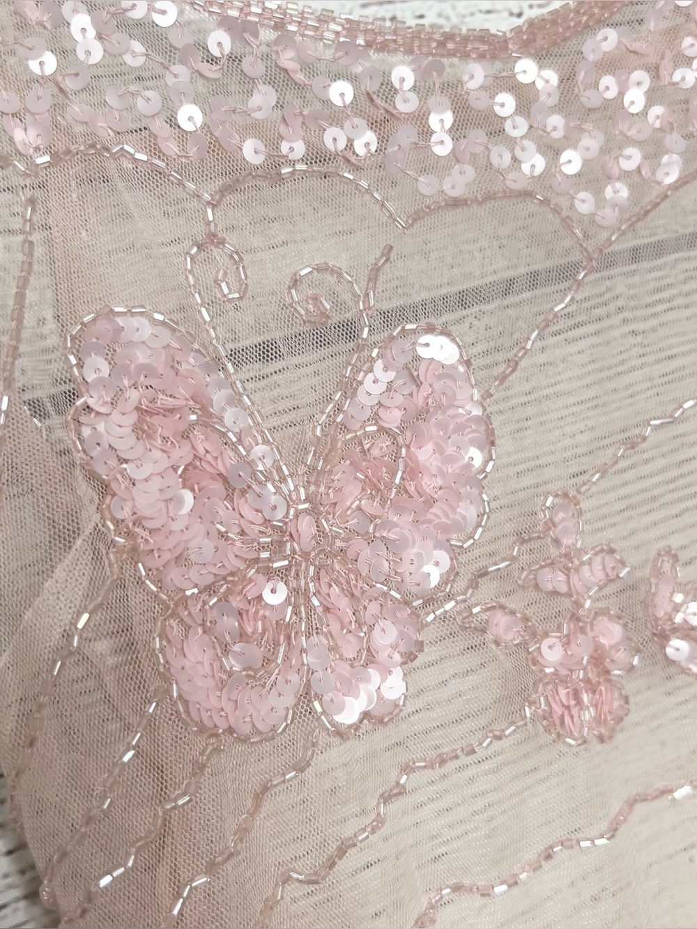 Y2K Sheer Pink Beaded Embroidered Asymmetrical Butterfly Camisole Top Size Small - Picture 6 of 10